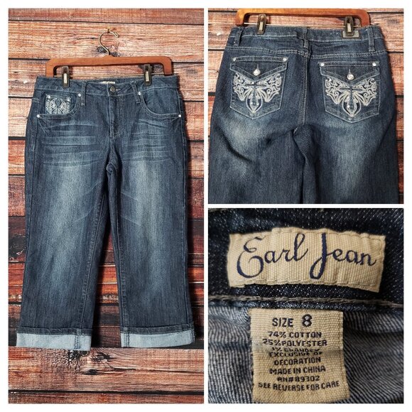 Earl Jean Embellished Jeans Size 8 Dark Blue Denim Capri Cropped Cuffed - Picture 1 of 8